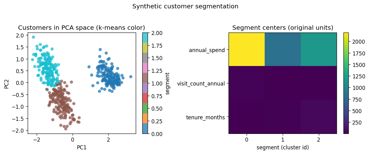 Segments in PCA space and profile heatmap